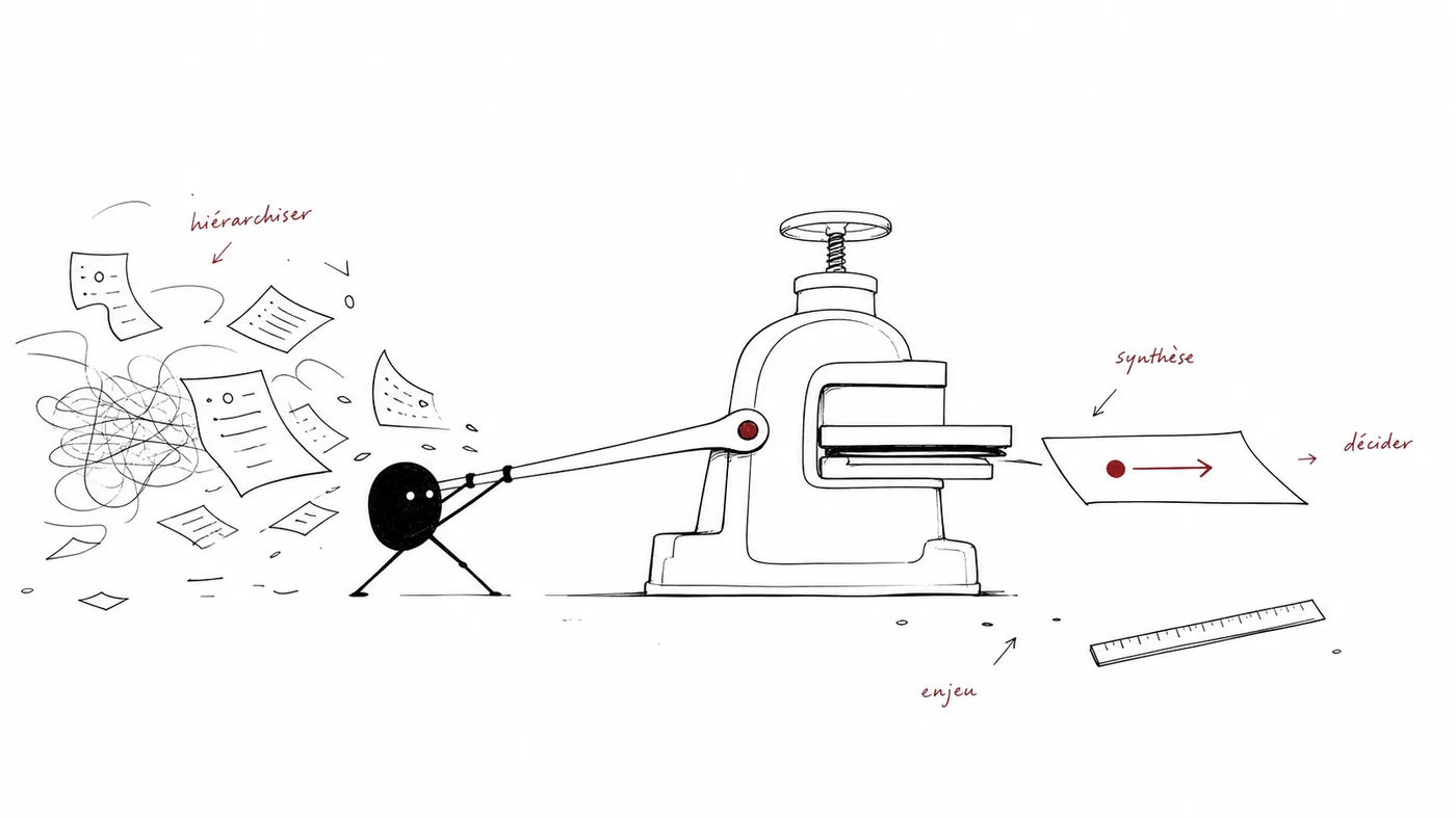 Illustration conceptuelle d'une presse transformant des informations dispersées en une décision claire